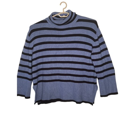BTFBM Striped Blue & Black Ribbed Knit Turtleneck Sweater XL Warm Oversized - Picture 2 of 16